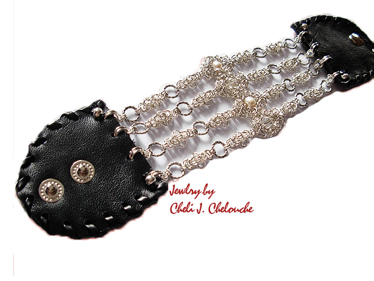 liquid metal pearls and crystals leather bracelet